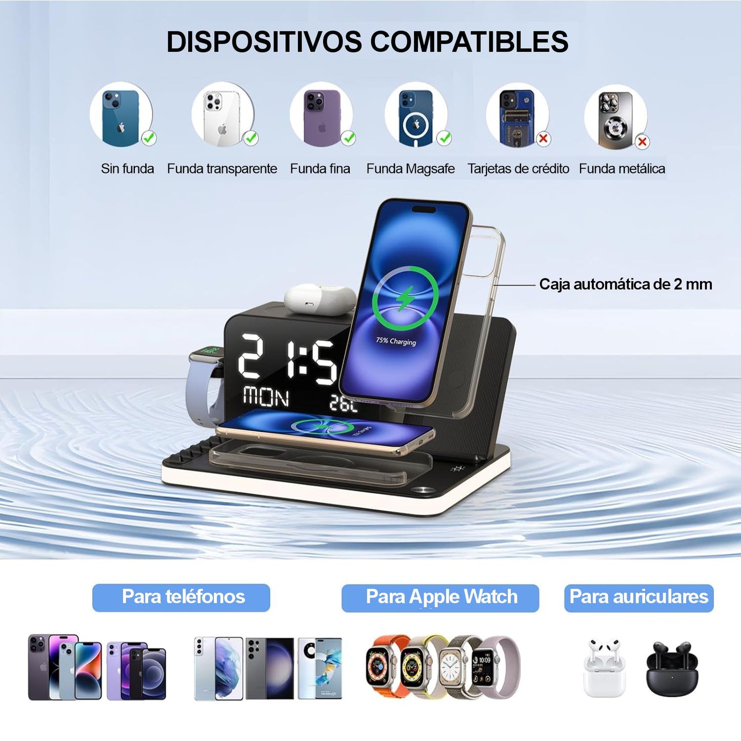 Cargador Inalámbrico 7 en 1 con Reloj y Luz Nocturna 33W.