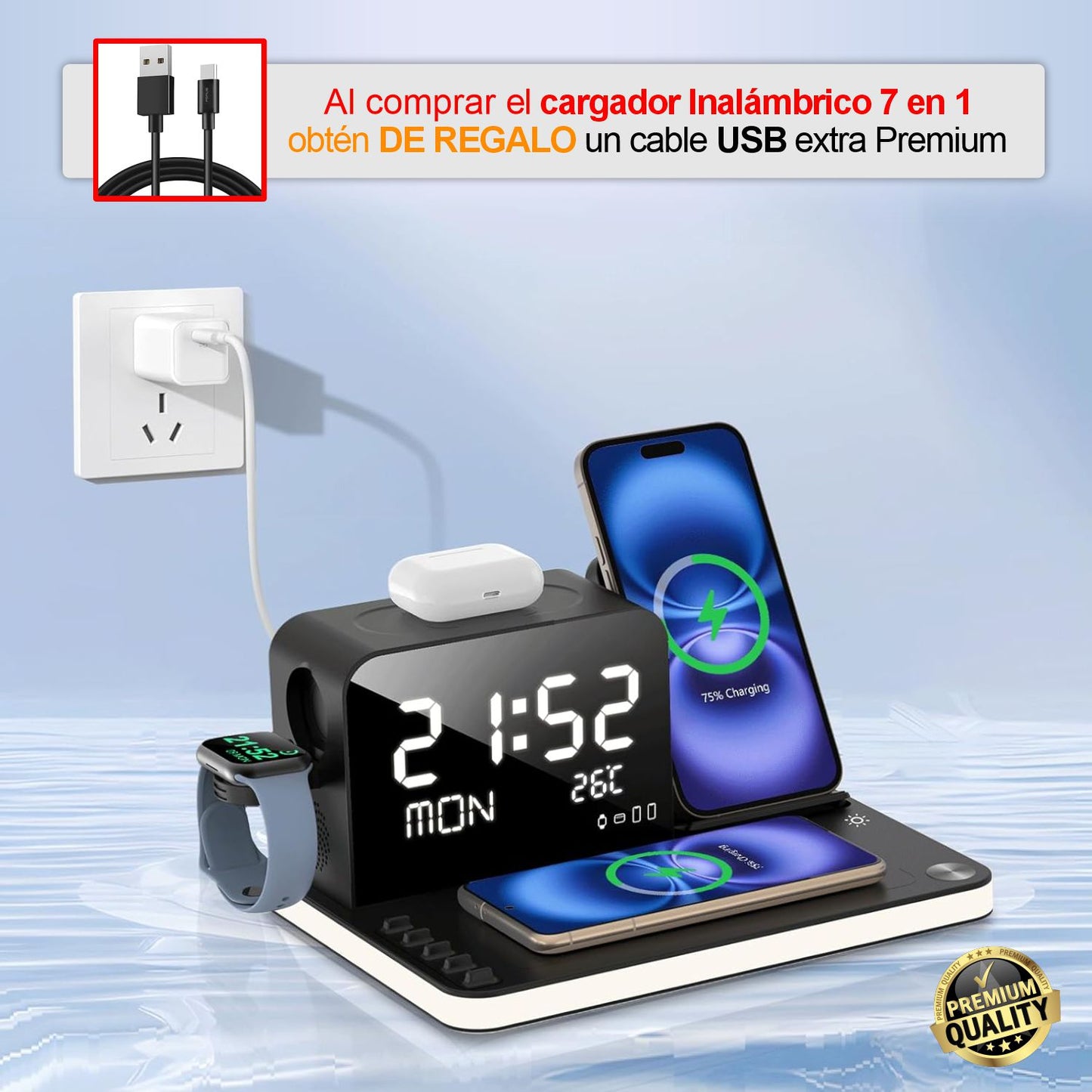 Cargador Inalámbrico 7 en 1 con Reloj y Luz Nocturna 33W.