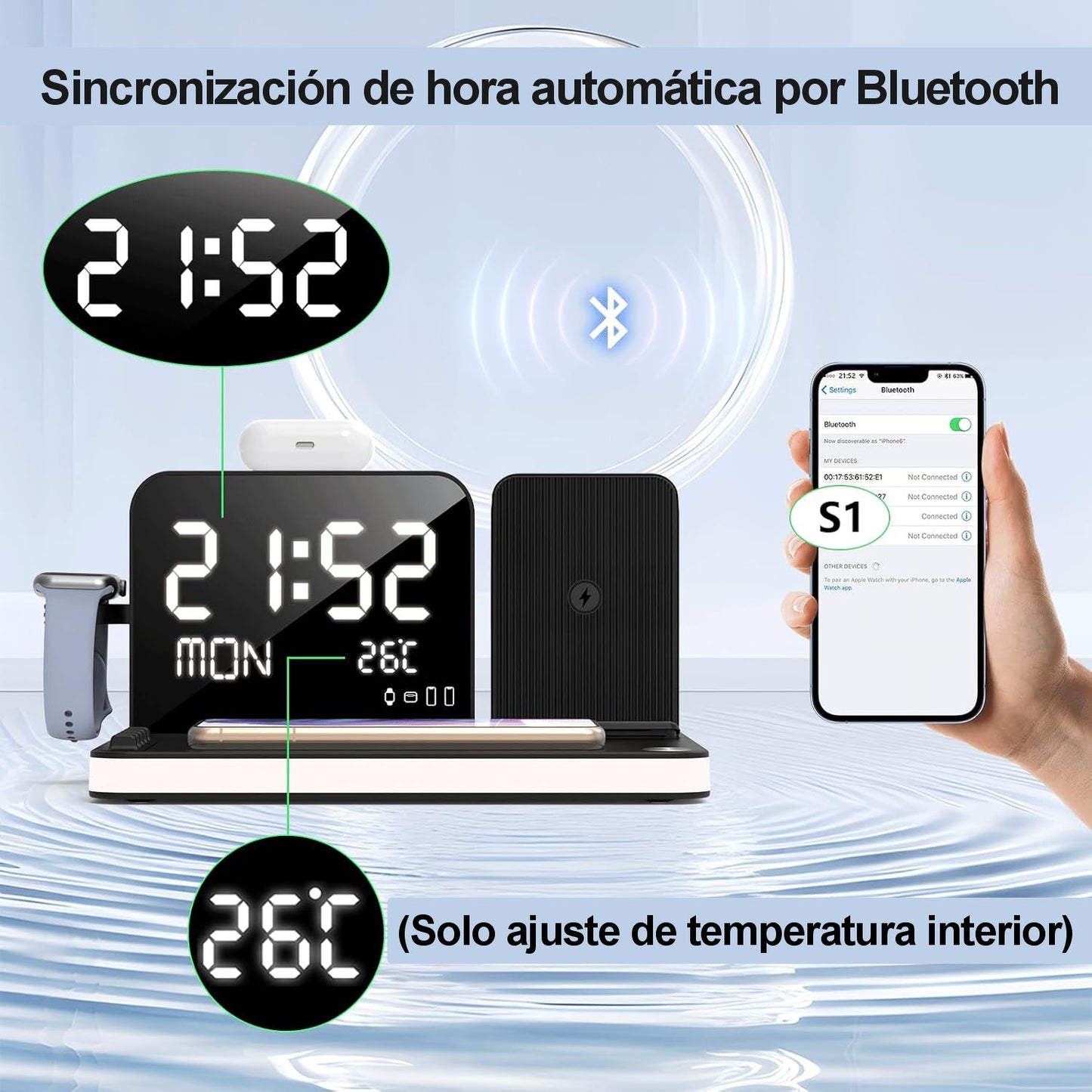 Cargador Inalámbrico 7 en 1 con Reloj y Luz Nocturna 33W.