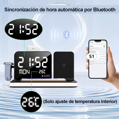 Cargador Inalámbrico 7 en 1 con Reloj y Luz Nocturna 33W.