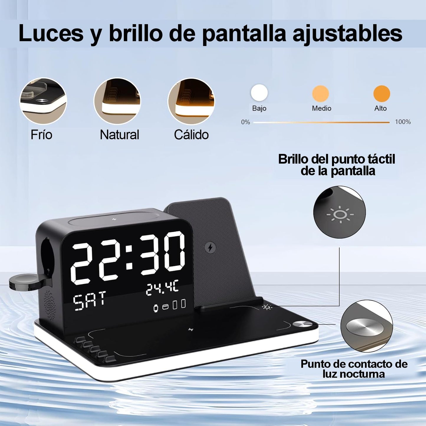 Cargador Inalámbrico 7 en 1 con Reloj y Luz Nocturna 33W.