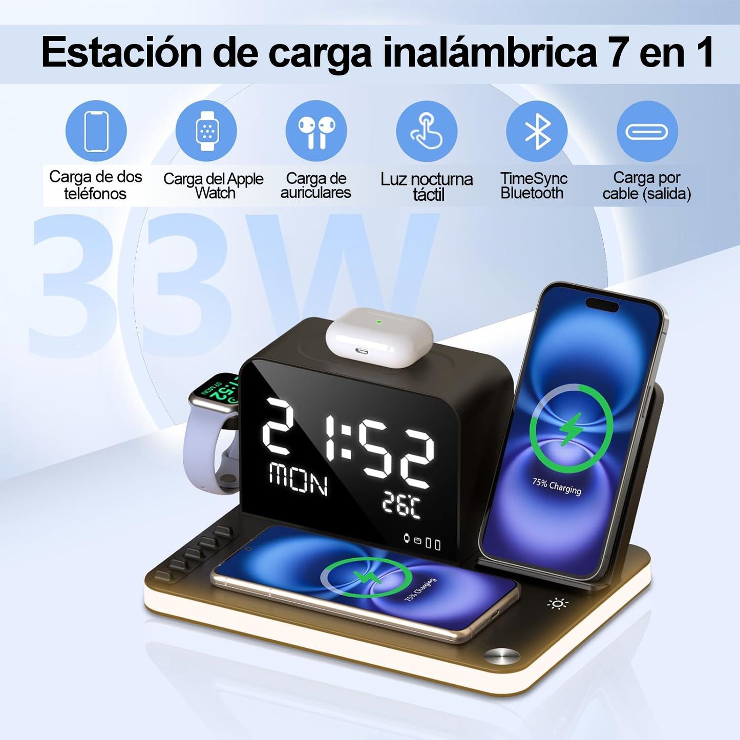 Cargador Inalámbrico 7 en 1 con Reloj y Luz Nocturna 33W.