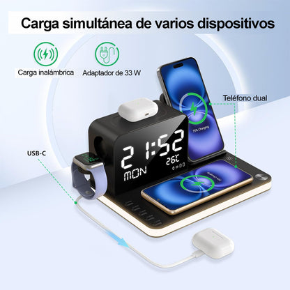 Cargador Inalámbrico 7 en 1 con Reloj y Luz Nocturna 33W.