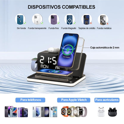Cargador Inalámbrico 7 en 1 con Reloj y Luz Nocturna 33W.